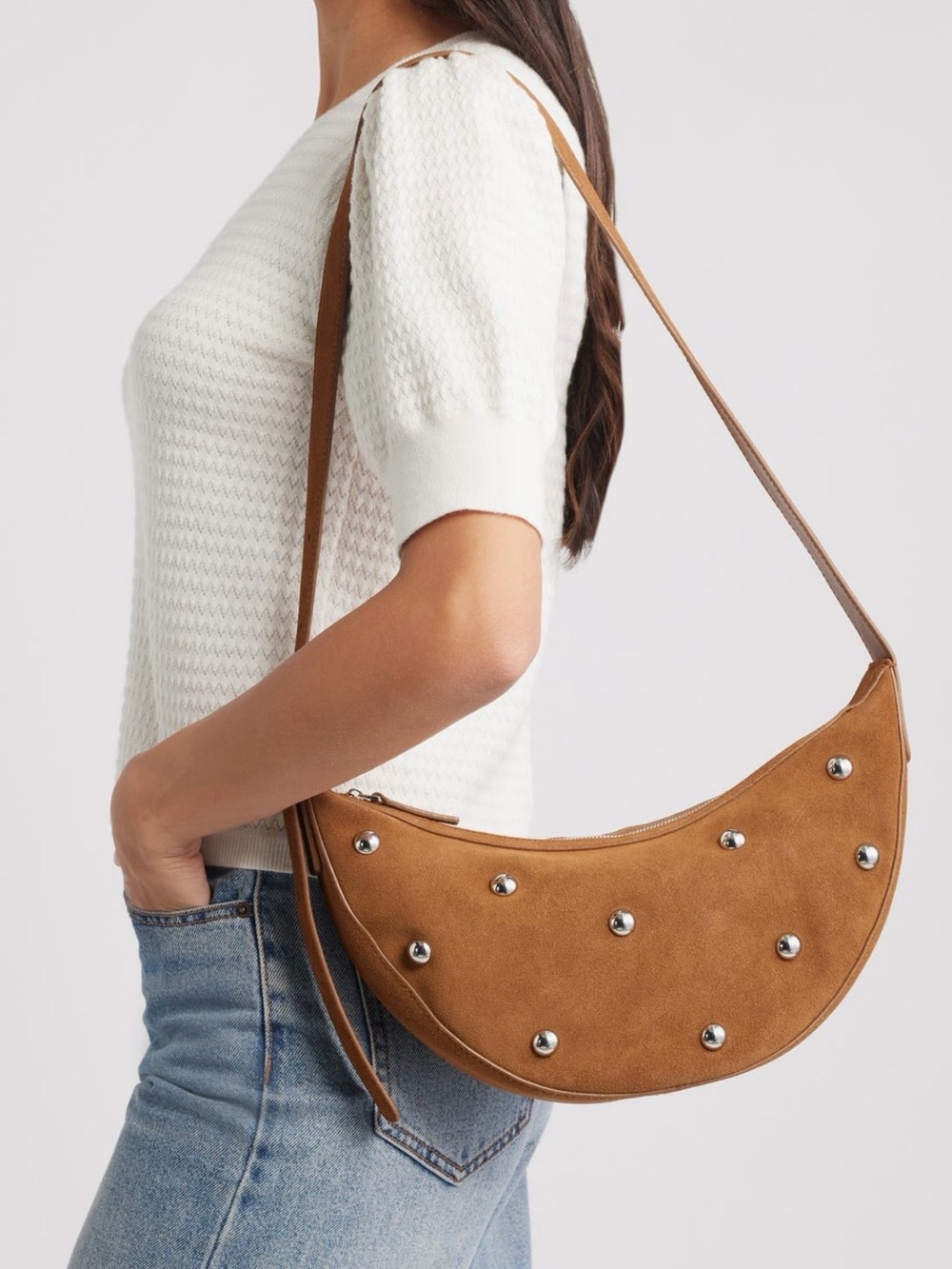 NWT. Madewell Studded Crescent Suede Sling Bag, Dried Acorn, OS